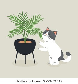 Gato de Vector plano lindo de la historieta que alcanza para una planta en maceta. Ilustración vectorial para los amantes de las plantas. Adorable Pet Kitten Plantilla de diseño de vida en el hogar