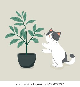 Cute Cartoon Flat Vector Cat Reaching for a Potted Plant. Vector Illustration for Plant Lovers. Adorable Pet Kitten Home Life Design Template