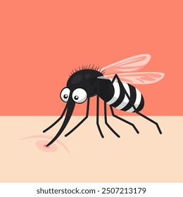 Cute Cartoon Flat Vector Mosquito Sucking Blood on Skin. Insect Enthusiasts. Bloodsucking Mosquito Design Template for Pest Control, Nature Education Concept, Vector Illustration