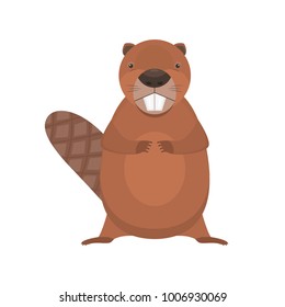 Cute cartoon flat vector standing beaver character. Funny brown beaver with two big teeth. Fat animal icon isolated on white background