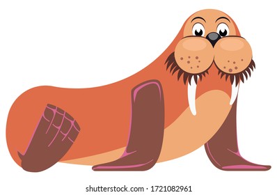 Cute cartoon flat walrus side view isolated on white background. Vector illustration for icon, symbol, logo, children's book design.