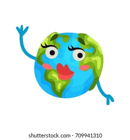 Cute cartoon flirty Earth planet emoji with red lips, humanized globe character with emotions colorful vector Illustration