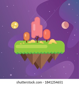 cute cartoon floating island in space