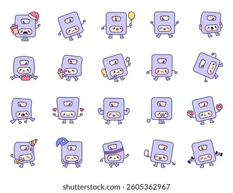 Cute cartoon floor scale character set with different emotions like eating popcorn, lifting dumbbells, holding balloon, celebrating holidays and more in charming poses