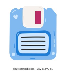 Cute cartoon floppy disk for information storage from 90s and 00s. Retro diskette for PC, computer memory as symbol of Y2k. Hand drawn magnetic disk isolated on white. Nostalgia for 1990s aesthetic.