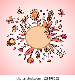 Cute cartoon floral background with a frame for your text in pink, vector