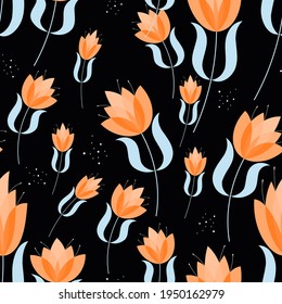 cute cartoon floral seamless pattern. different size orange abstract flowers with blue stems and leaves randomly arranged on a black background. vector