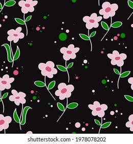 cute cartoon floral seamless pattern. multicolored circles of different sizes and pink flowers with green leaves and light gray outline are randomly arranged on a black background. vector
