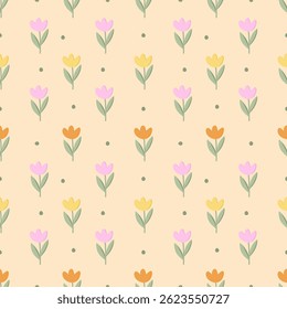 Cute Cartoon Floral Seamless Pattern, Hand-Drawn Illustration, Vector, Flat Design, Kawaii, Spring, Summer Vibes, Flowers, Adorable, Plants, Garden, Nature, Environment, for textile, print, fabric