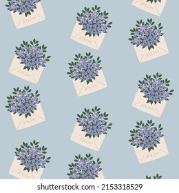 cute cartoon floral seamless vector pattern illustration design with envelopes and colorful flowers lilac for paper, cover, fabric, interior decor on light blue background. background.