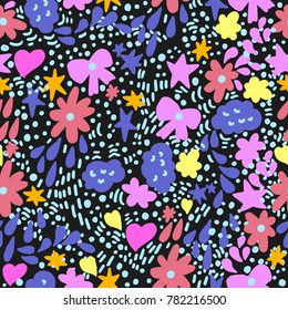 Cute cartoon floral vector seamless pattern with flowers, bows, clouds, stars and dots. Beautiful background with a lot of small shapes