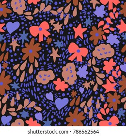 Cute cartoon floral vector seamless pattern with flowers, bows, clouds, stars and dots. Beautiful background with a lot of small shapes