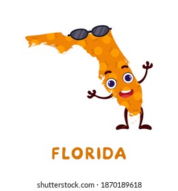 Cute cartoon Florida state character clipart. Illustrated map of state of Florida of USA with state name. Funny character design for kids game, sticker, cards, poster. Vector stock illustration.