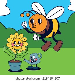 cute cartoon flower and bee retro