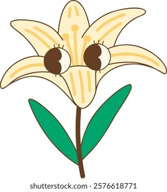 Cute cartoon flower with big eyes and green leaves, perfect for kids designs
