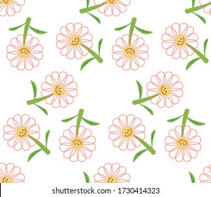 Cute cartoon flower characters in flat style seamless pattern. Floral childlike style mosaic background. Vector illustration.      