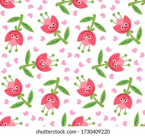 Caracteres de flores de dibujos animados con corazones en un patrón impecable de estilo plano. Fondo de mosaico de estilo infantil floral. Ilustración vectorial.      