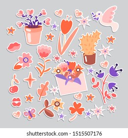 Cute cartoon flower collection, sticker style. Flowers, leaves, cute cacti and flower pot, girl flowers collection