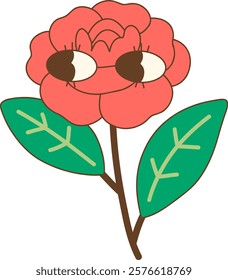 Cute cartoon flower with eyes and green leaves, expressing joy and playfulness

