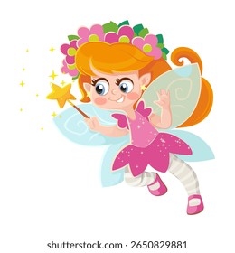Cute cartoon flower fairy with a magic wand isolated on a white background