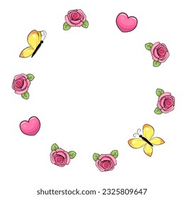 Cute cartoon flower frame with yellow butterflies and hearts. Vector illustration of pink roses on white background.