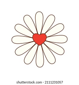 cute cartoon flower. funny vector illustration of chamomile flower with heart. hippie symbol, isolated on white background