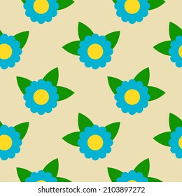 Cute cartoon flower with leaves in flat style seamless pattern. Childlike floral element background. 