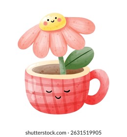 Cute cartoon flower in a pink coffee cup with smiling faces, watercolor style. Happy kawaii floral character illustration, perfect for kids, nursery art, stickers, or greeting cards.