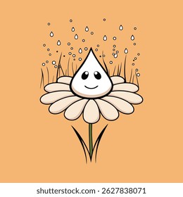 Cute cartoon flower with raindrops and smiling water drop character
