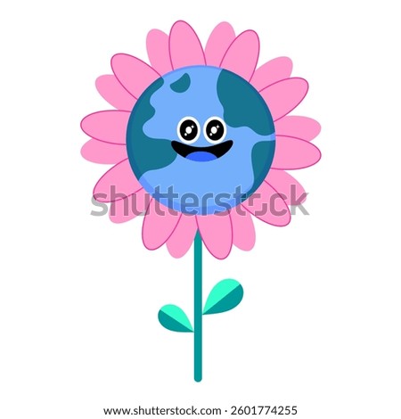 Cute cartoon flower with a smiling Earth face, symbolizing sustainability and eco-friendly living.
