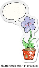 süße Cartoon-Blume mit Sprachblase bedrückt alten Aufkleber
