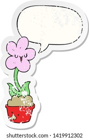 cute cartoon flower with speech bubble distressed distressed old sticker