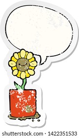 cute cartoon flower with speech bubble distressed distressed old sticker