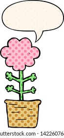 flor de dibujos animados adorable con burbuja de voz en el estilo de un libro de historietas