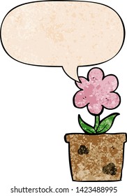 flor de dibujos animados adorable con burbuja de voz en estilo de textura retro