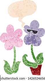 flor de dibujos animados lindo con burbuja de habla en un estilo retro angustiado estilo texturizado