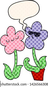 cute cartoon flower with speech bubble in comic book style