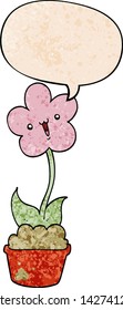 cute cartoon flower with speech bubble in retro texture style