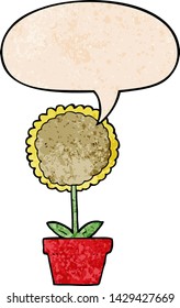 cute cartoon flower with speech bubble in retro texture style