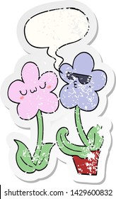 cute cartoon flower with speech bubble distressed distressed old sticker