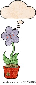 cute cartoon flower with thought bubble in grunge texture style