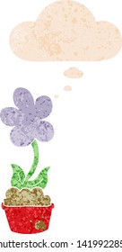 süße Cartoon-Blume mit Gedankenblase im brüchigen Retro-Stil