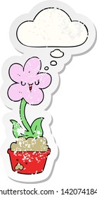 cute cartoon flower with thought bubble as a distressed worn sticker