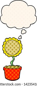 flor de dibujos animados adorable con burbuja de ideas al estilo de un libro de historietas