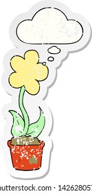 cute cartoon flower with thought bubble as a distressed worn sticker