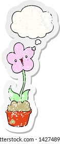 cute cartoon flower with thought bubble as a distressed worn sticker