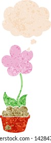 flor de dibujos animados lindo con burbuja de pensamiento en un estilo retro angustiado estilo retro texturado
