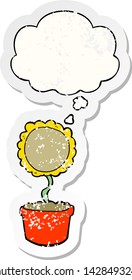 cute cartoon flower with thought bubble as a distressed worn sticker