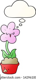 flor de dibujos animados lindo con burbuja de pensamiento en un estilo de gradiente suave