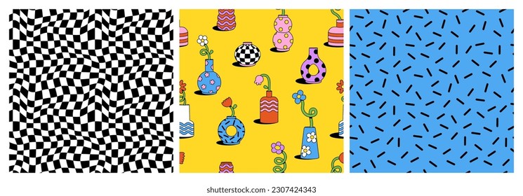 Cute cartoon flower and vase seamless pattern set. Daisy floral organic form and other elements in trendy playful cartoon style. Vector chessboard and abstract background.